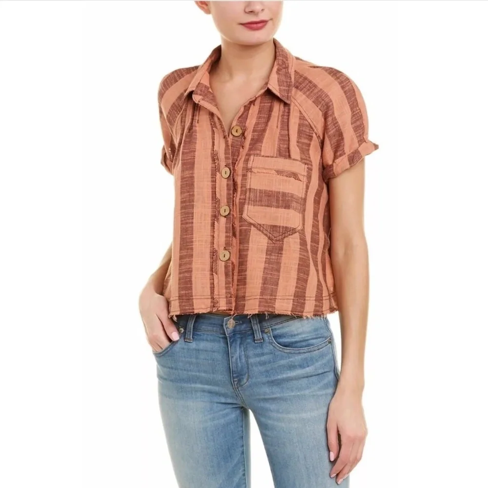 Free People Peach and Brown Striped Button-Down Shirt - Picture 2 of 8